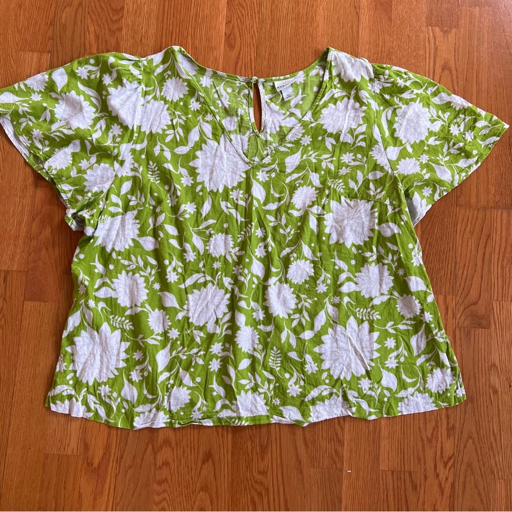AVA & VIV Linen/Cotton Blend Blouse 2X Lime Green Floral Costal Minimalist